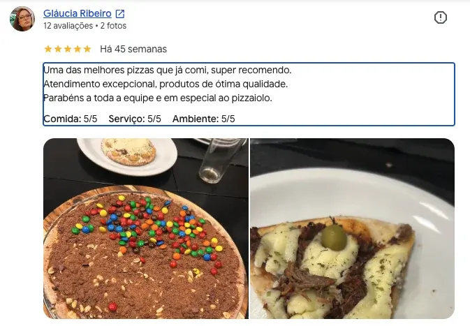 Avaliação real de cliente da Pizza Agora no Google