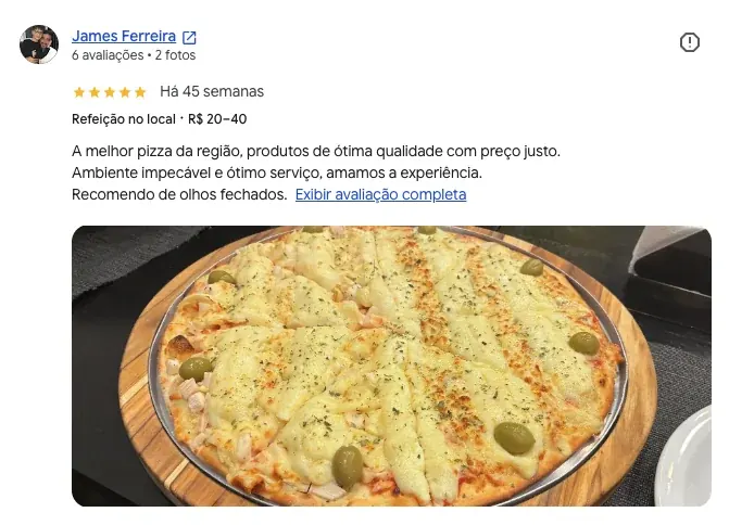 Avaliação real de cliente da Pizza Agora no Google