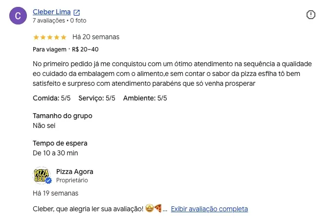 Avaliação real de cliente da Pizza Agora no Google