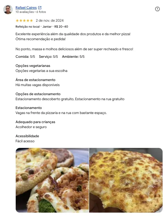 Avaliação real de cliente da Pizza Agora no Google