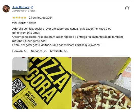 Avaliação real de cliente da Pizza Agora no Google