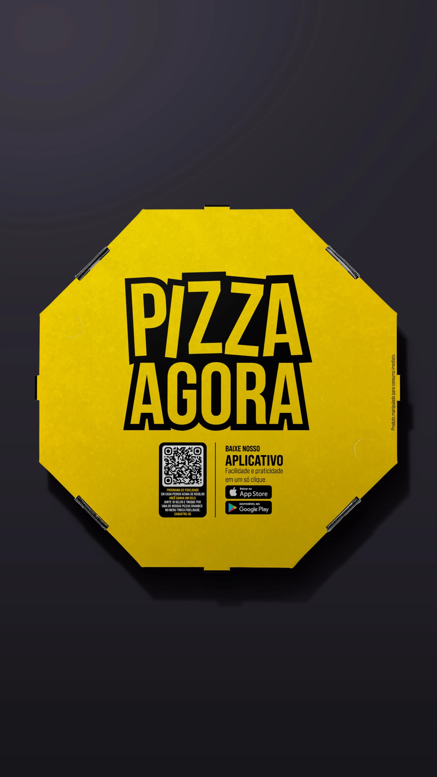 Caixa amarela da Pizza Agora vista de frente