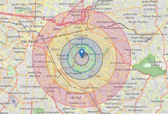 Mapa da área de entrega da Pizza Agora em um raio de até 7 km