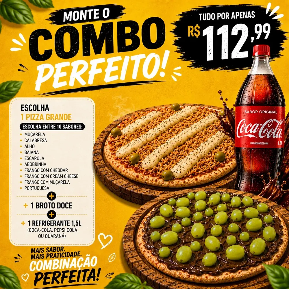 Combo Perfeito com pizza grande, broto doce e refrigerante 1,5 litro